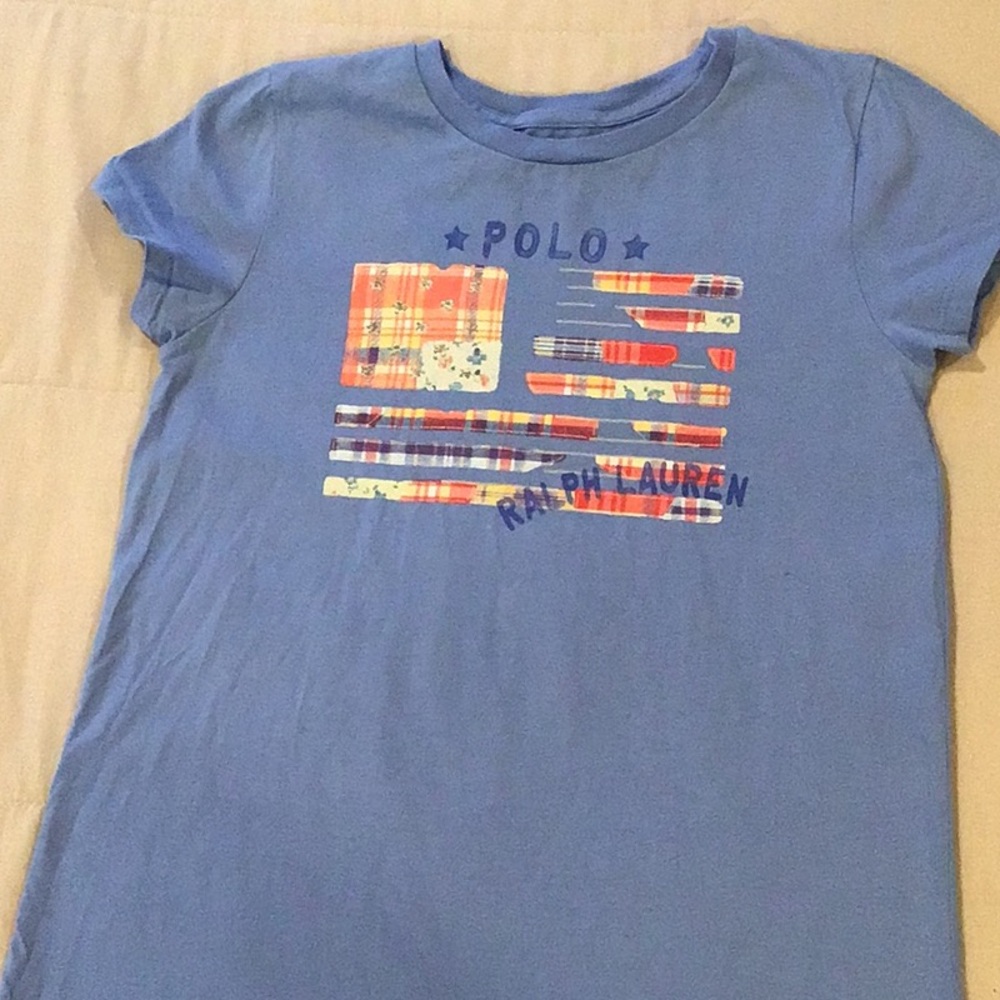 Polo Ralph Lauren- Blue t-shirt dress with a patchwork American flag graphic.